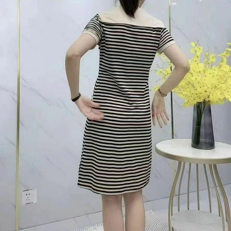 Fashion Sailor Collar Striped Fake Two Pieces Casual Dress Female Clothing 2024 Summer New Loose All-match Short Sleeve Dress
