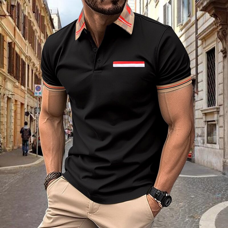 Mens Printed Checked Striped Shirt Zipper Sport Shirt Short Sleeve Top Fashion Mens T Shirt