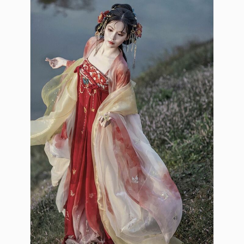 Traditional Chinese Clothing for Women Hanfu Tang Dynasty Embroidery Red Big Sleeve Shirt Chest-length Ruqun Skirt Robe Set