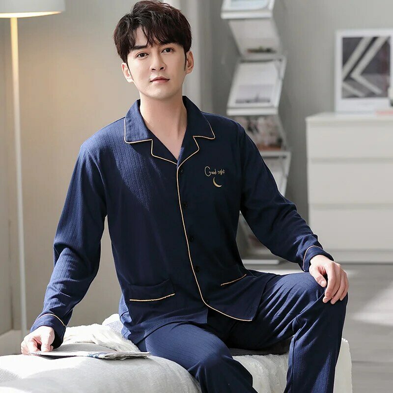 Men Sleepwear Full Cotton Pajama Sets for Men Long Sleeve Long Pants Sleepwear Pyjamas Male Homewear Lounge Wear Clothes