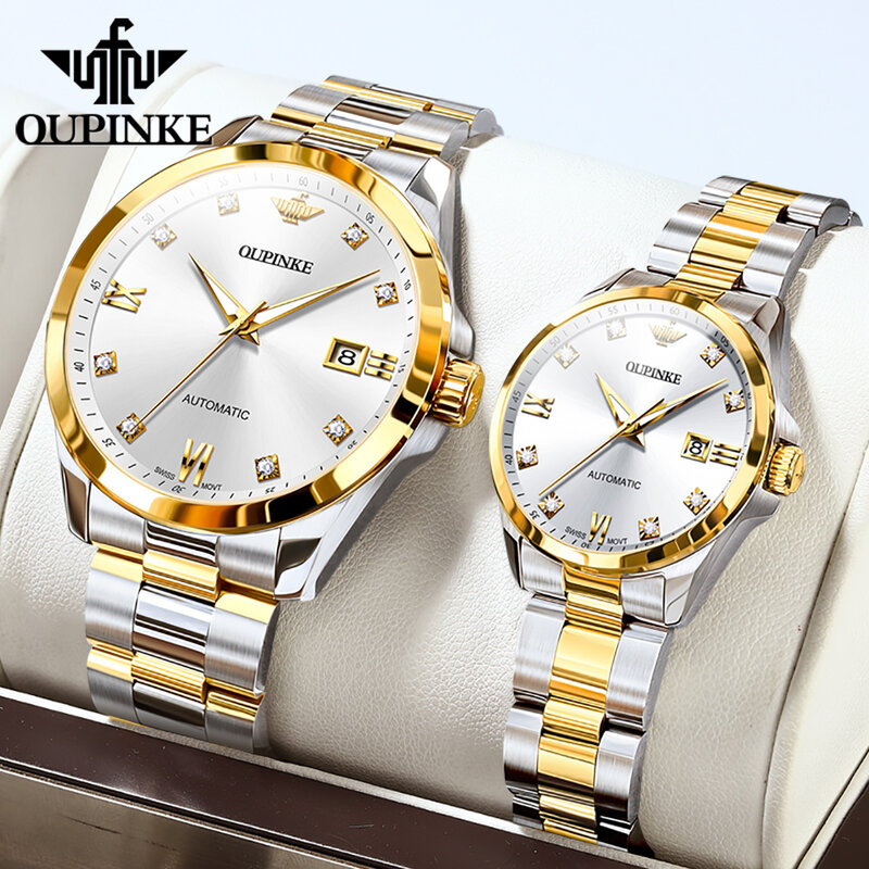 OUPINKE 3199 Luxury Couple Watch Set Real Diamond Swiss Automatic Mechanical Watch for Men Women Original Genuine Wristwatches