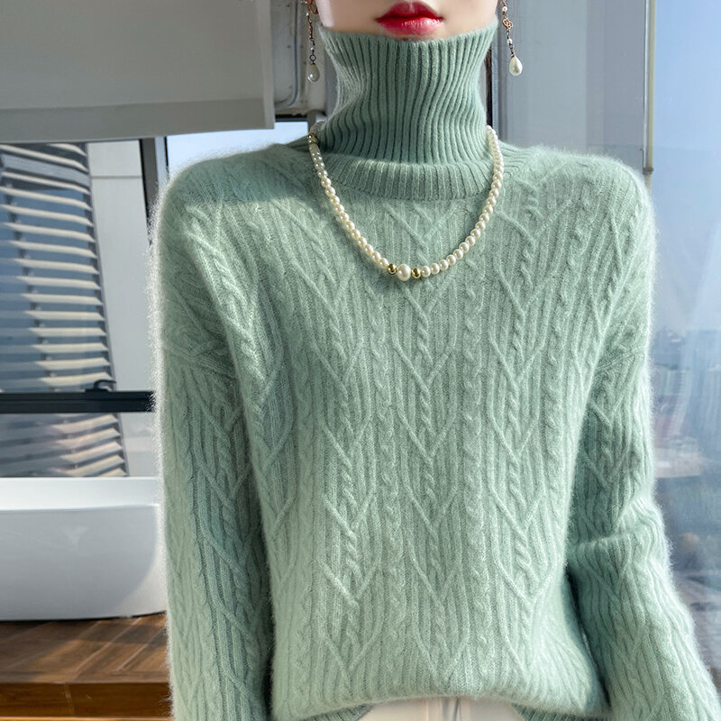 Baru musim gugur dan musim dingin 100% wol murni sweter lengan panjang berleher tinggi wanita cedar dasar rajut kasmir Korea longgar.
