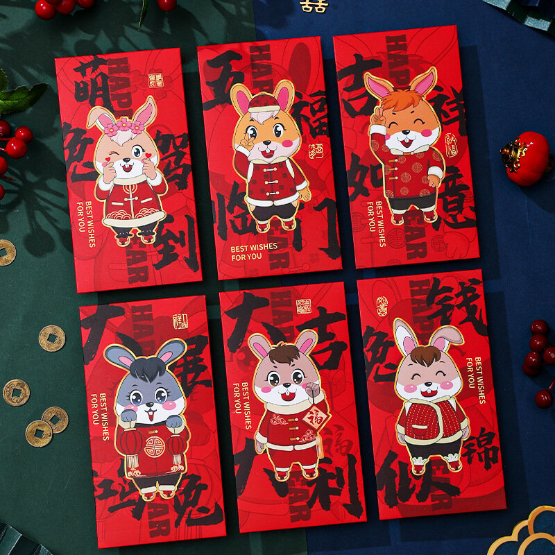 6 штук 2023 Новый мультяшный милый китайский новогодний кролик красный конверт на новый год Весенний фестиваль личность творчество