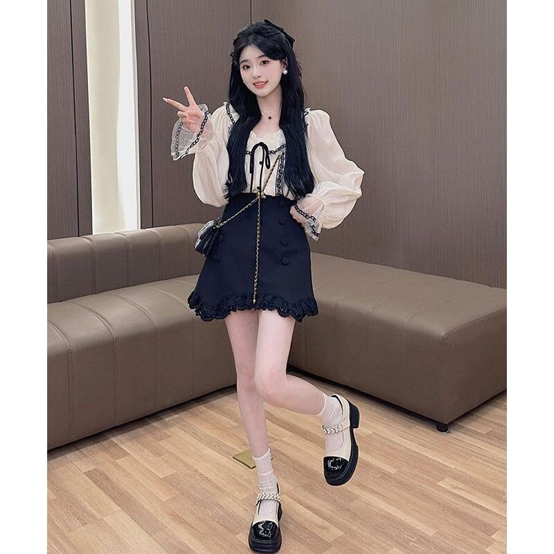 Sweet Fashion Lace Up Top Skirt Two-piece Set Women Flounce Lace Splice Print College Korean Gentle Summer Chic Lady Slim Suit