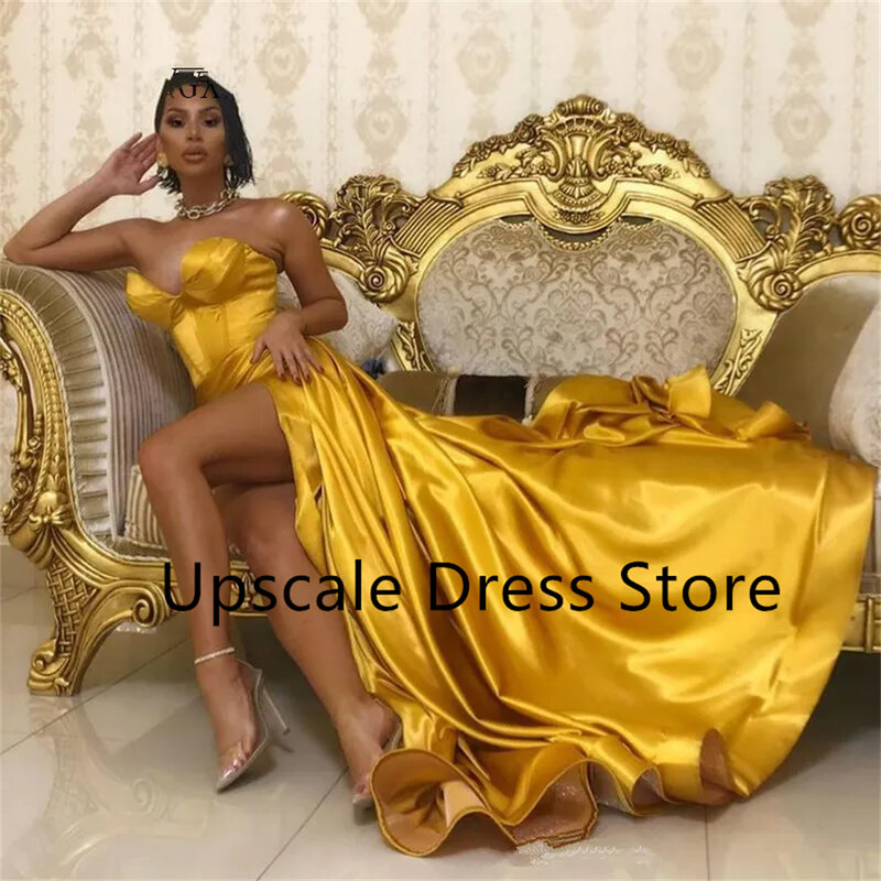 Yellow Gold Sweetheart Satin Mermaid Split Long Prom Dresses Ruched Formal Sweep Train Formal Evening Gowns فساتين حفلات للبنات