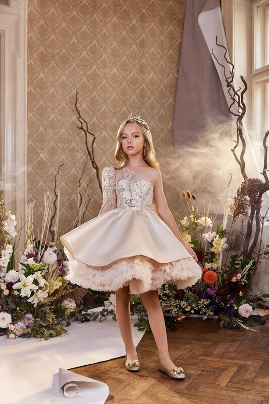 Eine Schulter Blumen mädchen Kleider Perlen knielang Prinzessin Satin Hochzeits feier Kleid Champagner Geburtstag Kinder Kommunion Kleid