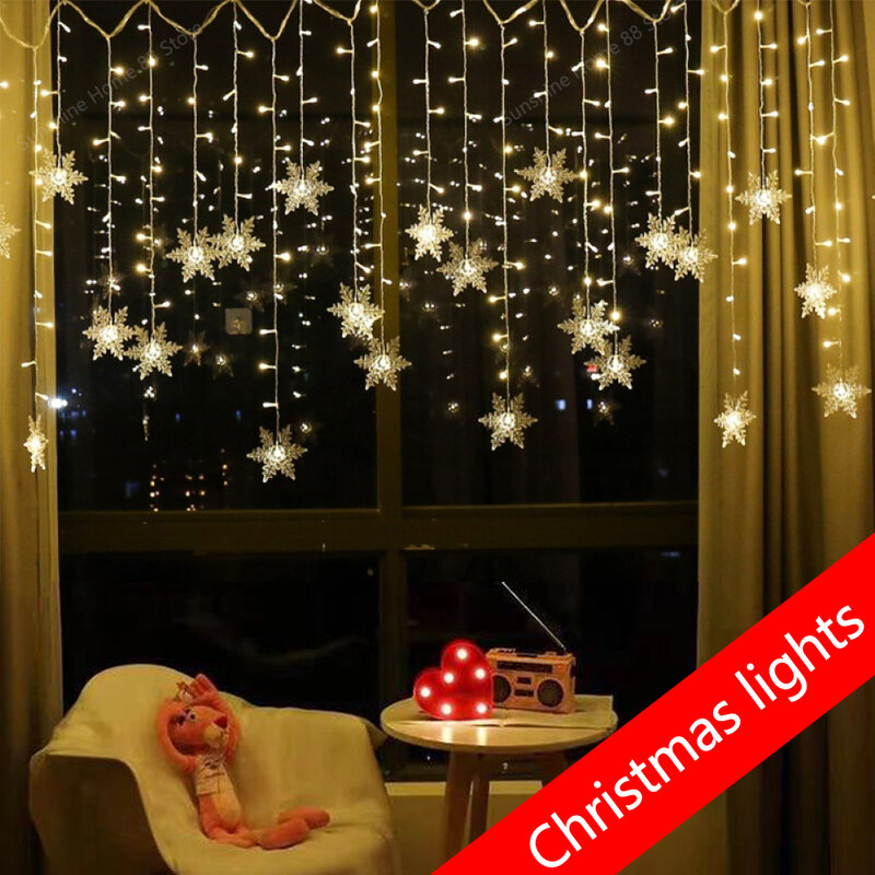 LED Snowflake Curtain Fairy String Lights, luz de Natal, guirlanda de ano novo, decoração de casa, festa