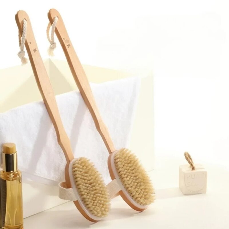 1Pc Wooden Detachable Long Handle Shower Body Brush Bathing Massage Back Body Exfoliating Brush Bathroom Wash Brush Bath Tools