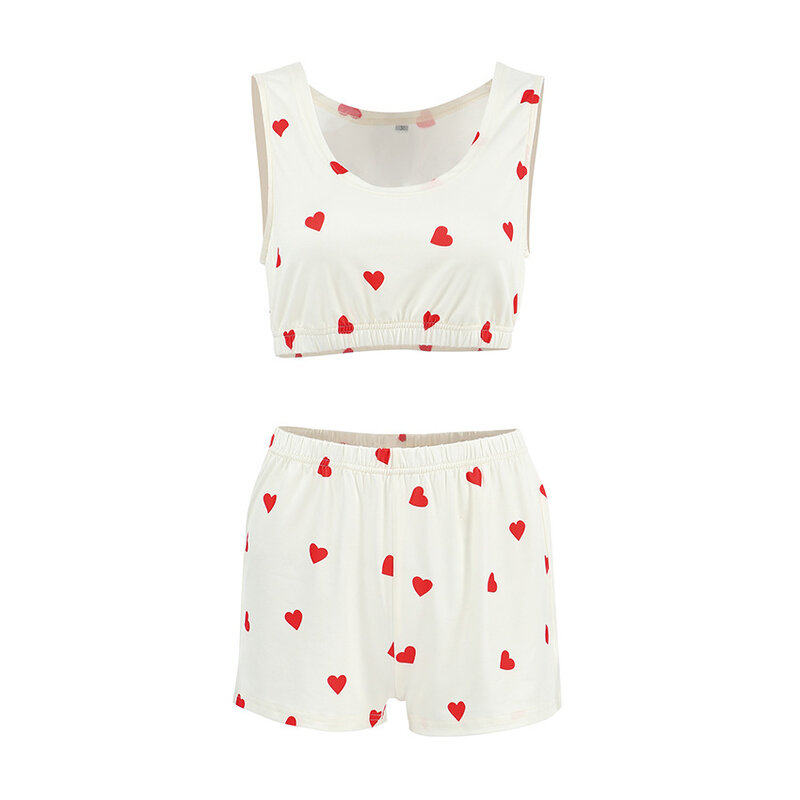 Summer Knitted Pajamas Women's New 2024 Love Printed Vest Elastic Shorts Two-Piece Set