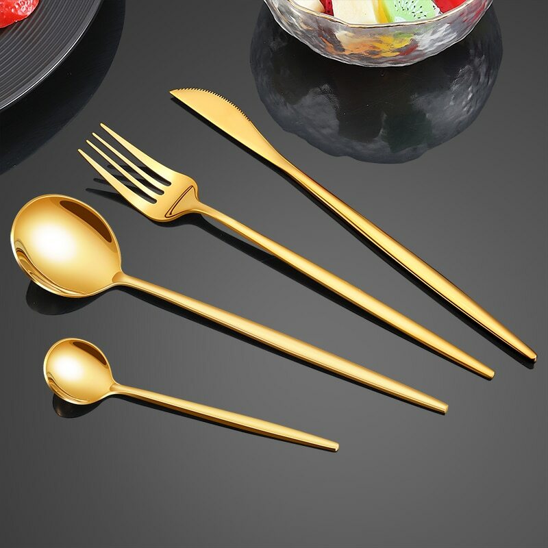 24pcs Gold Dinnerware Set Stainless Steel Steak Knife Fork Coffee Spoon Teaspoon Flatware Dishwasher Safe Kitchen Tablewar