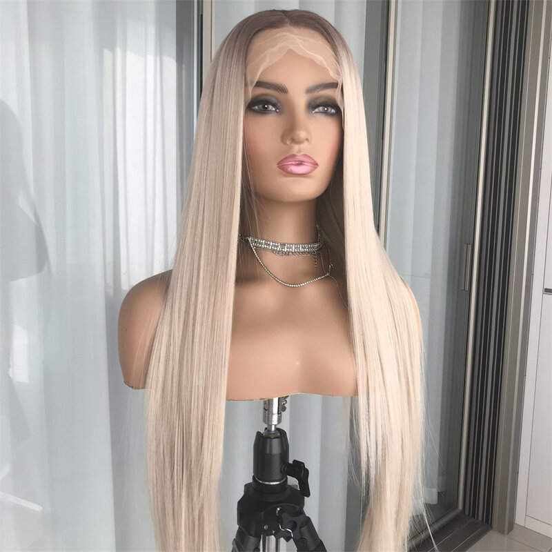 Front Wig Synthetic Lace Wigs Platinum Blonde with Brown Root Preplucked Baby Hair 150D Glueless Wig Ombre Blonde Straight Lace