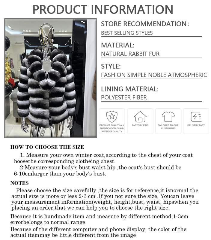 Casaco natural Rex Rabbit Fur de comprimento médio para mulheres, casaco de pele real, chinchilla quente, marcas de luxo