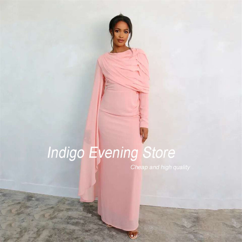 Indigo Prom Dresses Mermaid 2024 O-Neck Long Sleeve Pleat Ankle-Length Satin Elegant Formal Evening Gown For Women فساتين الس
