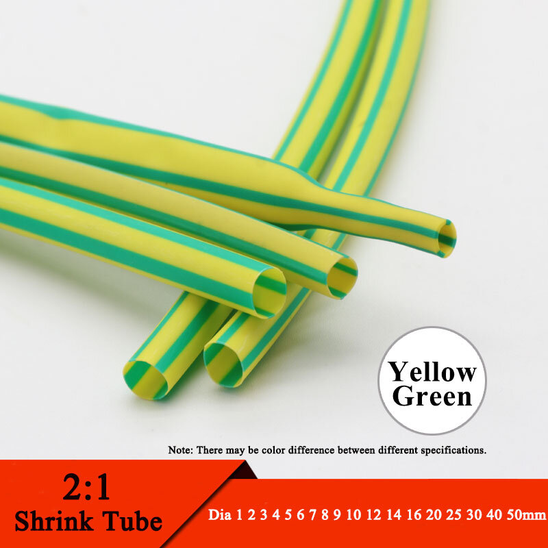 Tubo termorretráctil de poliolefina, manguito de Cable térmico aislado, 1M, amarillo, verde, diámetro 1, 2, 3, 4, 5, 6, 7, 8, 10, 12, 14, 16, 20, 25, 30, 40, 50mm, 2:1