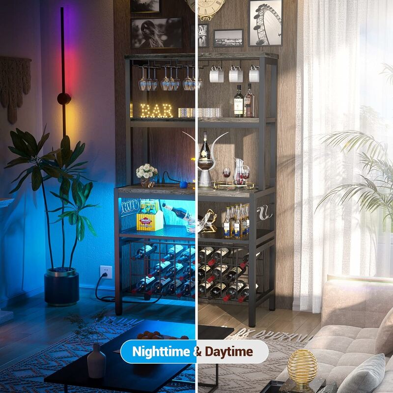 Unikito-Wine Bar Cabinet com RGB LED Light e Outlet, Free Standing Wine Rack Table, Floor Liquor Cabinet com suporte de vidro