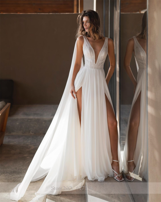 Deep V-Neck Chiffon Lace Wedding Dress A-line Side Split Court Wedding Gowns for Bridal with Removable Cape