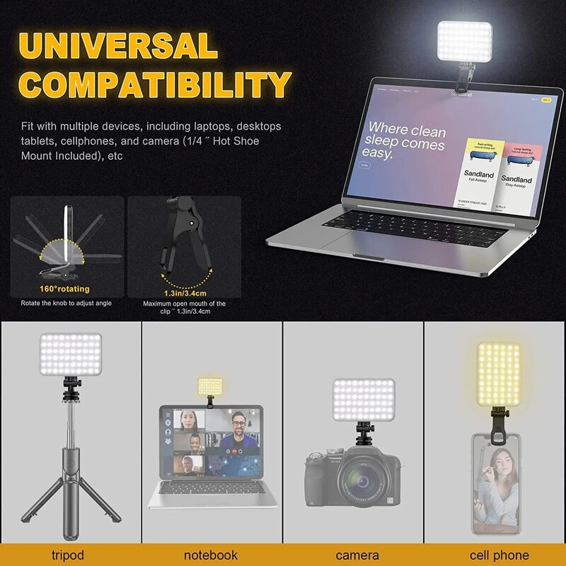 Lampe de poche à selfie à LED avec clip avant et arrière, lumière de remplissage vidéo, 3 modes d'éclairage ajustés, IPad, téléphone portable, ordinateur portable