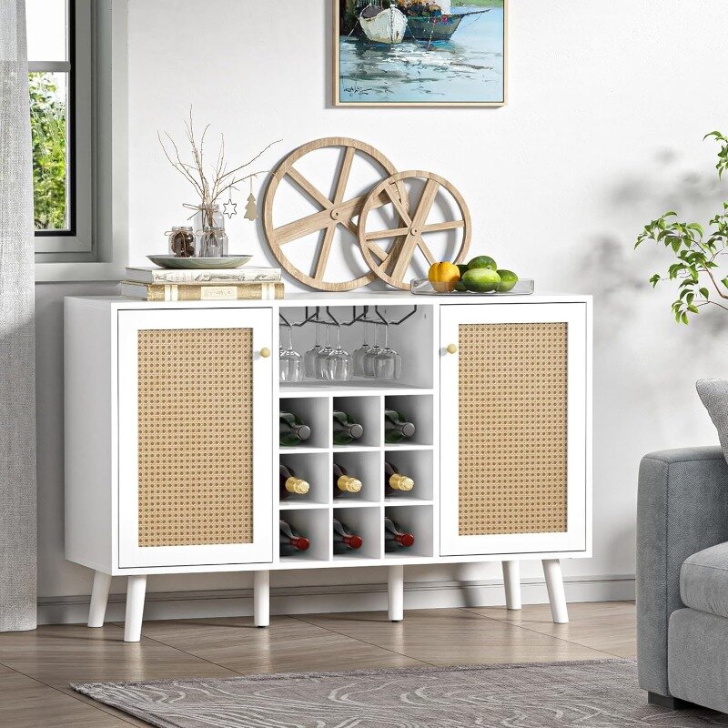 Giluta Rattan Wine Bar Cabinet 2-Door Farmhouse Liquor Cabinet with Wine Rack and Glass Holder, White Sideboard Buffet Storage