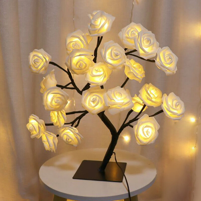 Lámpara LED de árbol de rosas alimentada por USB, luz nocturna de flores para decoración del hogar, fiestas al aire libre, regalo de bodas, decoración de dormitorio, 24 LED