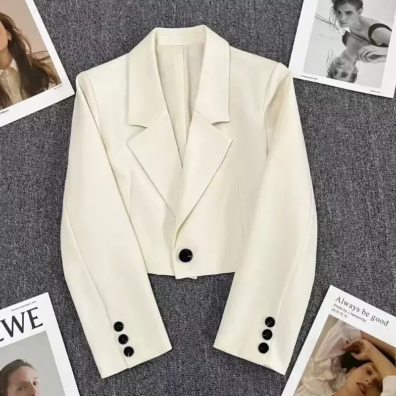 Jaket Blazer Potongan Modis Korea Wanita Lengan Panjang Baju Kantor Wanita Streetwear Warna Solid Satu Tombol Mantel Setelan Pendek Baru