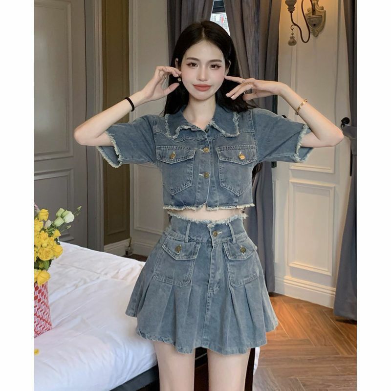 Милый острый джинсовый костюм с юбкой, уличный комплект, женская короткая рубашка в Корейском стиле, летняя плиссированная юбка, Модный комплект из двух предметов