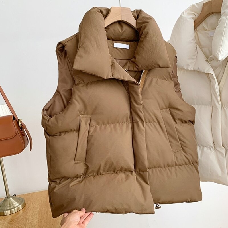 เสื้อกั๊กสตรี Outwear ที่ได้รับการอัพเกรดพร้อมกระเป๋าขาตั้งคอปกน้ำหนักเบา Zip Quilted Vest สำหรับฤดูใบไม้ร่วงฤดูหนาว