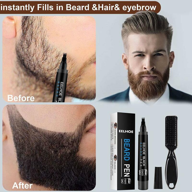Kit de pluma de llenado de barba, lápiz de relleno de barba de cuatro puntas con cepillo de barba, resistente al agua, reparación de bigote masculino, pluma para colorear moldeadora