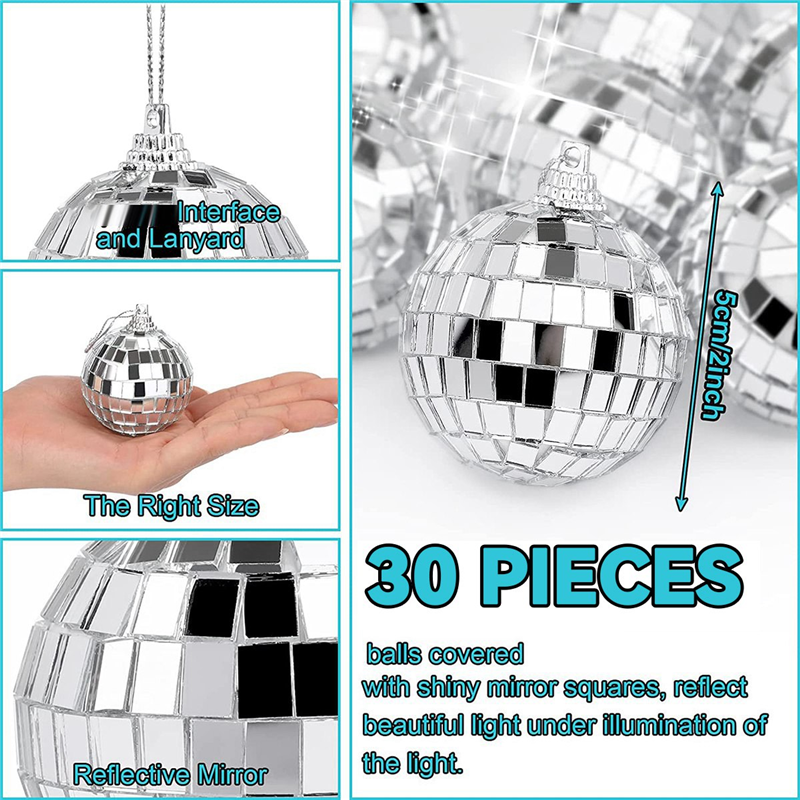 30 buah bola cermin disko 2 inci bola gantung cermin reflektif untuk dekorasi rumah pesta pohon Natal