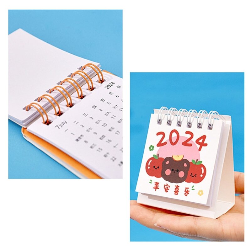 Calendario da tavolo portatile con mini cartoni animati, pianificatore mensile ribaltabile da scrivania 2024 per decorazioni per