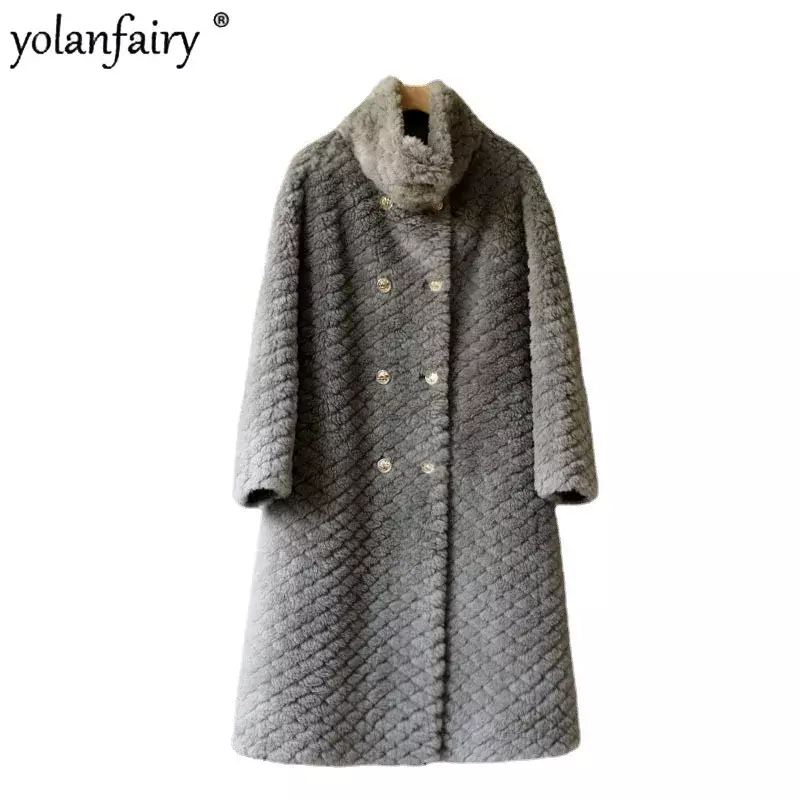 女性の羊のフリースコート,本物の毛皮のコート,厚くて長い服,ウールのグレイン,婦人服,新しい,冬,2023