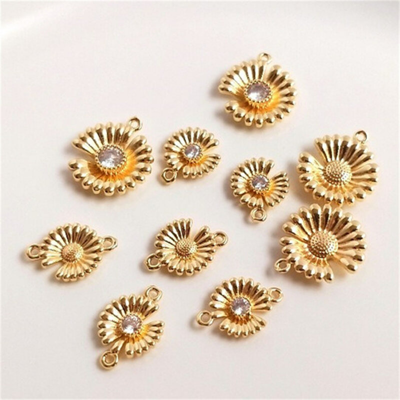 14K Gold Inlaid Zircon Daisy Pendant DIY Bracelet Charm Necklace Double Hole Floret Pendant Accessories E019