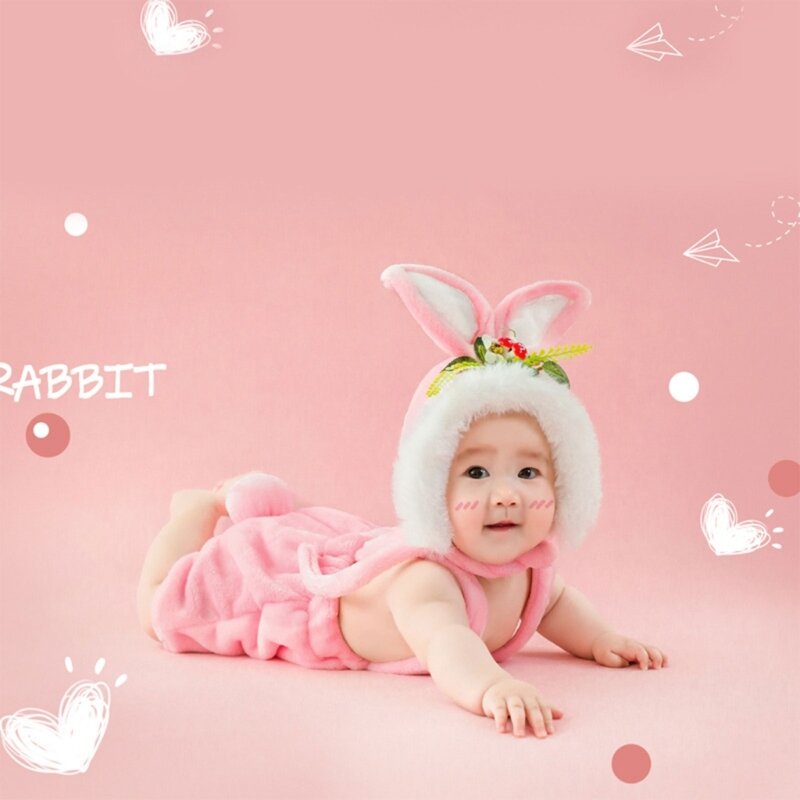 1 Set Newborn Photography Props Clothes Cute Bunny Ear Hat+Baby Romper+Posing Moon Pillow for Baby Studio Photo Cosplay Costumes