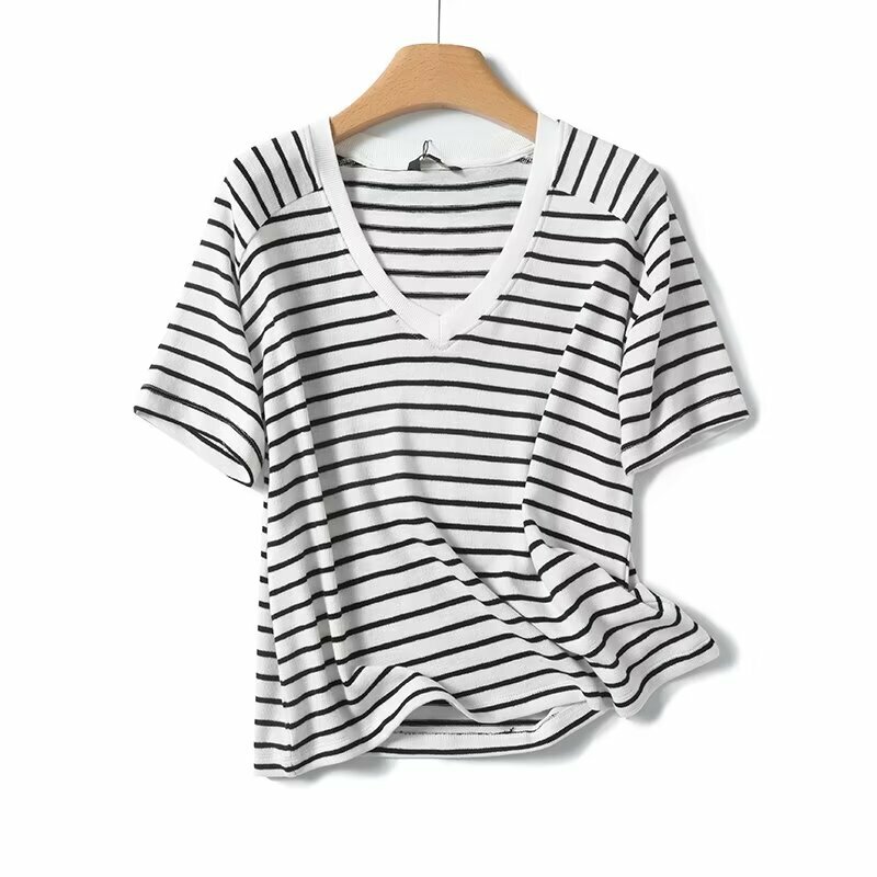 Maisdutti-loose t-shirt para as mulheres, algodão puro, estilo nórdico, minimalista, listrado, off-the-ombro, casual, moda, verão
