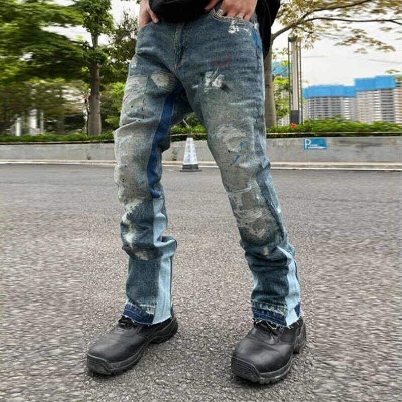 Celana Flare Jeans Sobek Perca Percikan Tinta Retro High Street Celana Denim Longgar Ukuran Besar Kasual Lurus Pria dan Wanita