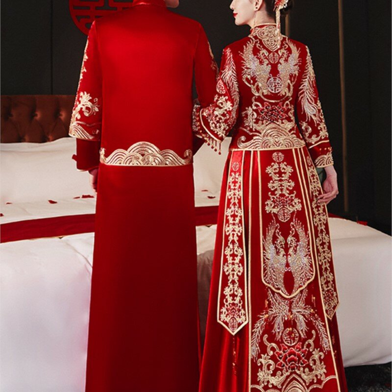 تنين وفينيكس ملابس الزوجين ، بدلة ثوب على الطراز الصيني الجديد