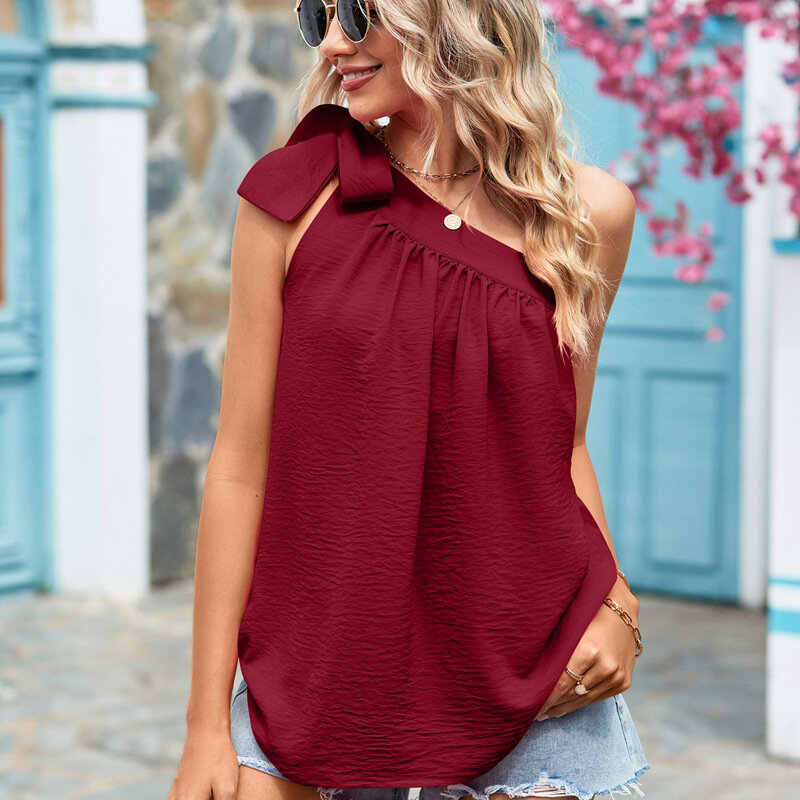 2023 Women Blusas Summer Sexy Tops Fashion Sweet Bow Blouses Off Shoulder Shirt Skew Collar Solid Color Loose Clothes Chic 26132
