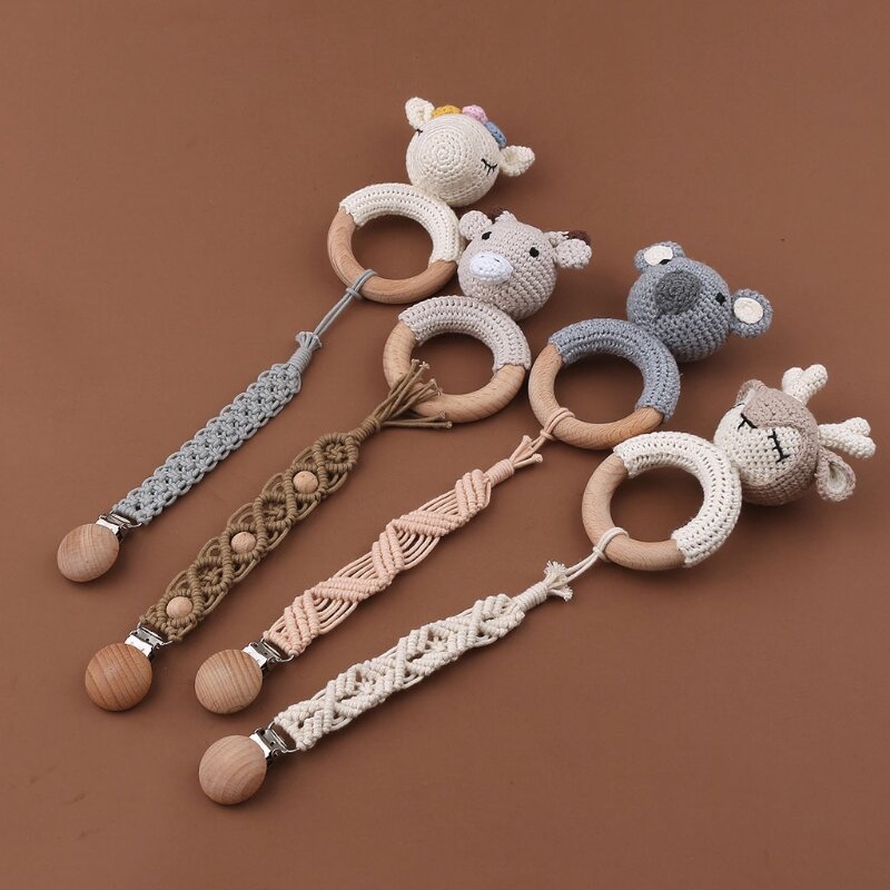 Cadena de ganchillo Vintage para chupete de bebé, cadena de algodón tejido, Clip de madera de haya para chupete, soporte para pezón, juguete de dentición para bebé