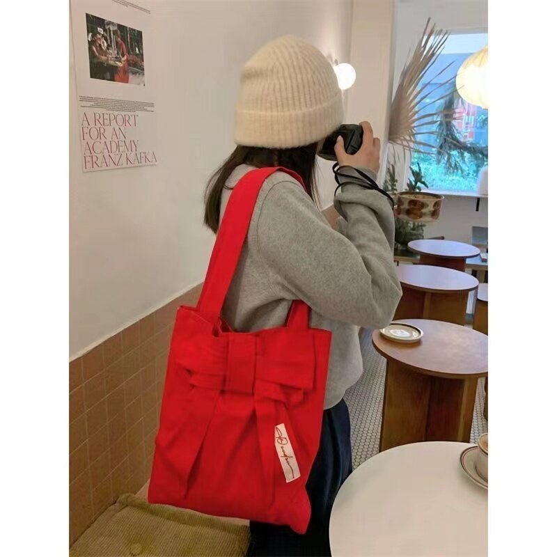 Bolso de lona con lazo rojo para mujer, bolso de un hombro, bolsos rojos para mujer, nuevo