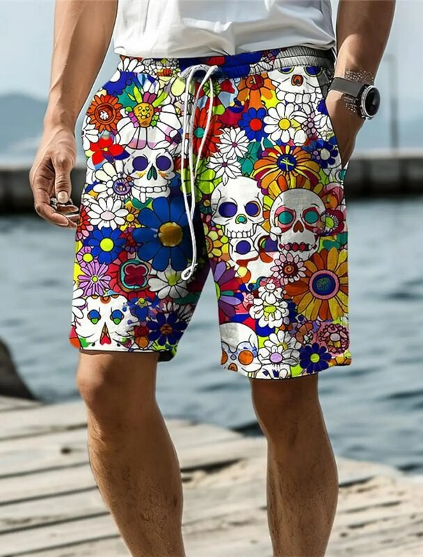 Bañador con estampado 3D de calavera y flores para hombre, pantalones cortos con cordón de cintura elástica, Estilo Hawaiano, para vacaciones y playa, 2024