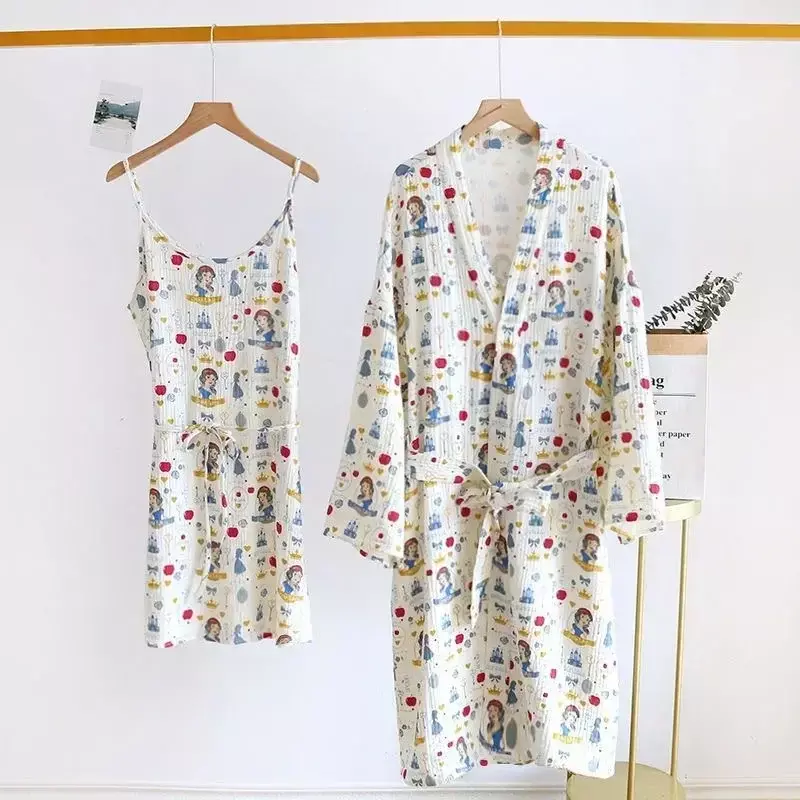 여성용 잠옷 세트, 코튼 잠옷, 거즈 홈, 심플하고 편안한 공주, 일본 투피스 100%