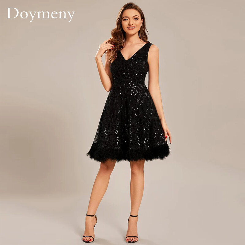 Doymeny 2023 Индивидуальный размер V-образный вырез блестки перо короткое платье для выпускного вечера V-образный вырез без рукавов с открытой спиной Элегантные платья