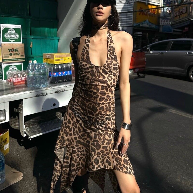 Сексуальные женские платья HOUZHOU с леопардовым принтом, винтажное мини-платье с открытой спиной Y2k, короткая уличная одежда, женская мода, лидер продаж, шик