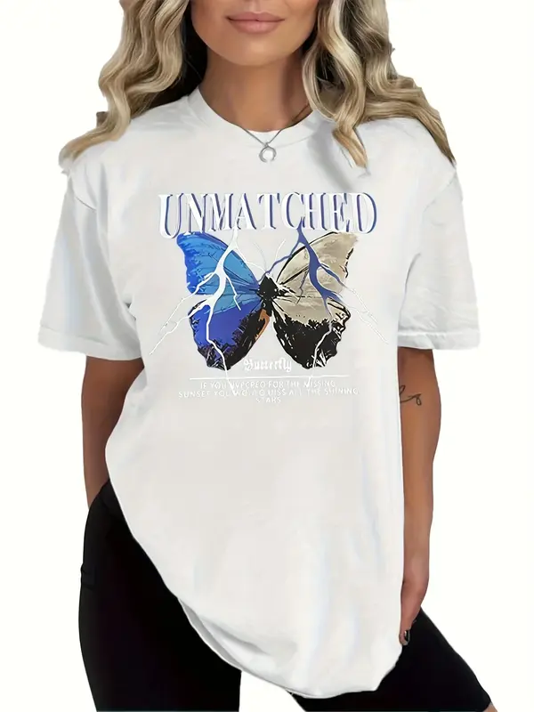 Camiseta extragrande com estampa borboleta e carta feminina, gola redonda, manga de ombro, casual, tops todos os dias, roupas femininas