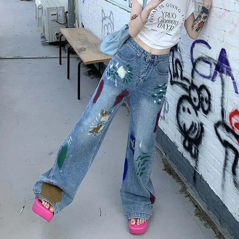 Azul americano High Street Graffiti Design Sense Jeans feminino, calças largas soltas, calças de arrasto no chão