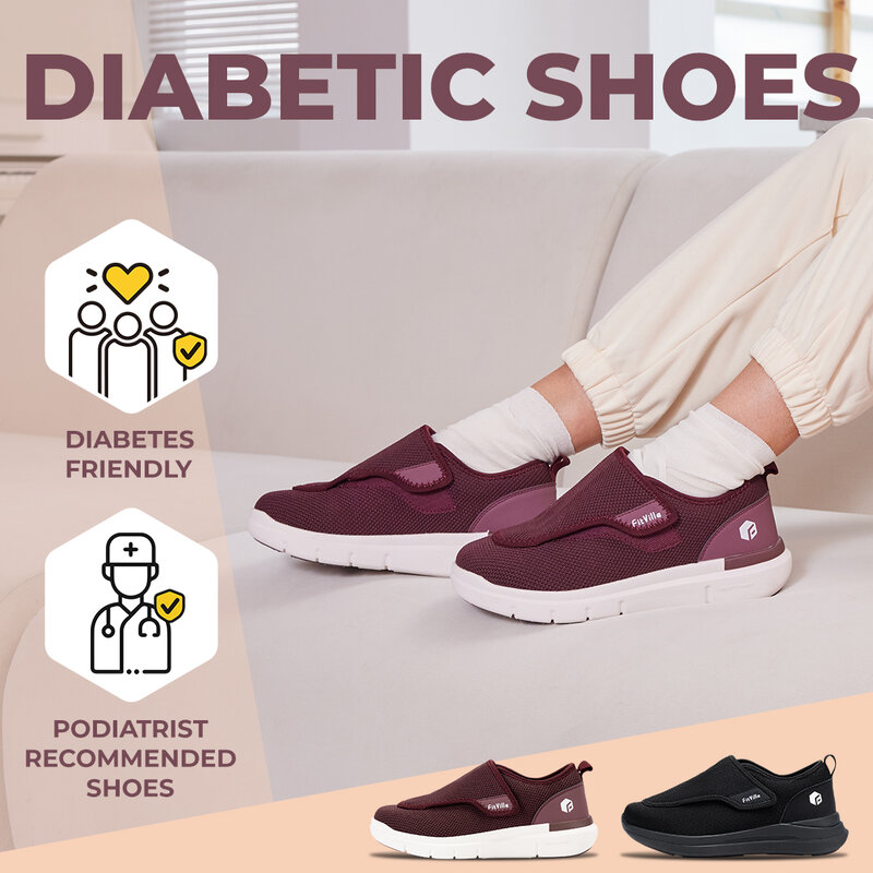 FitVille sepatu diabetes ekstra lebar untuk wanita, sepatu jalan yang dapat disesuaikan untuk ortopedi kaki lebar bengkak kaki orang tua pereda nyeri kaki