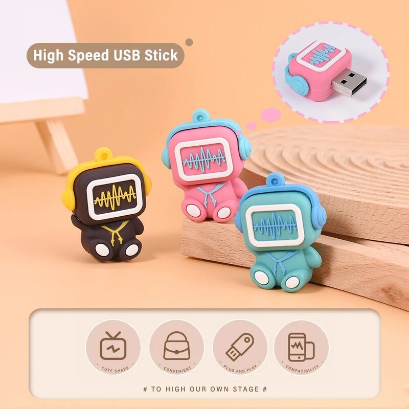 JASTER Cartoon Music Doll USB Flash Drive 128GB Pink Free Key Chain U Disk 64GB Silicone Gifts for Children Memory Stick 32GB