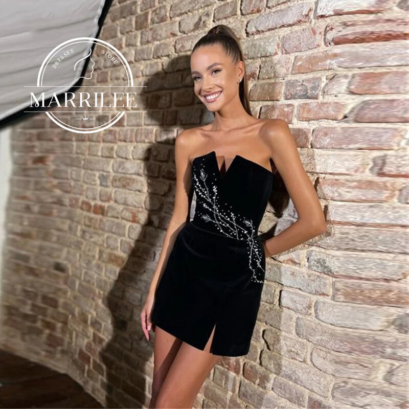 Marrilee Black V-Neck Short Mini Sequins Evening Gown A-Line Sleeveless Strapless Above Knee Length Sexy Party Prom Dresses 2024