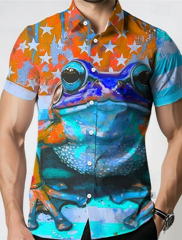 Мужская пляжная рубашка на пуговицах, летняя пляжная рубашка с 3D-принтом лягушки, национального флага, тропический курорт, гавайская 3D-печать, повседневная одежда для отпуска
