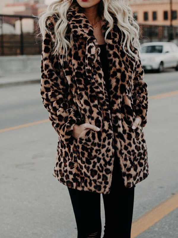 Mantel bulu macan tutul wanita, jaket mantel lengan panjang longgar kasual jalanan tinggi Vintage wanita, jaket tebal hangat musim gugur musim dingin