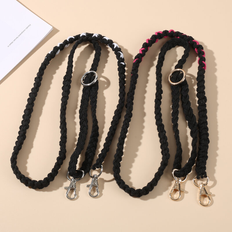 Fashion Black Woven Cotton Rope Mobile Phone Chain Anti-Drop Long Style Hang Neck Phone Lanyard For Women Cellphone Jewelry